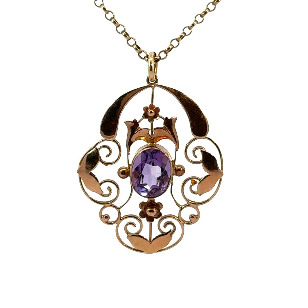 Victorian 10kt, Amethyst Pendant on 19inch 9kt Gold Chain
