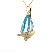Load image into Gallery viewer, Late Century 14kt Yellow Gold Blue Topaz Cut Sails + Diamonds, Sailboat Pendant