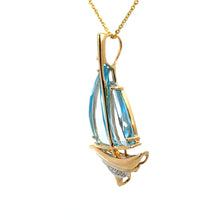 Load image into Gallery viewer, Late Century 14kt Yellow Gold Blue Topaz Cut Sails + Diamonds, Sailboat Pendant