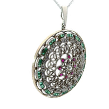 Load image into Gallery viewer, Edwardian Platinum, Old Mine Cut Diamond Center + Rose Cut Diamonds + Rubies + Emerald Disc Pendant on Silver ale