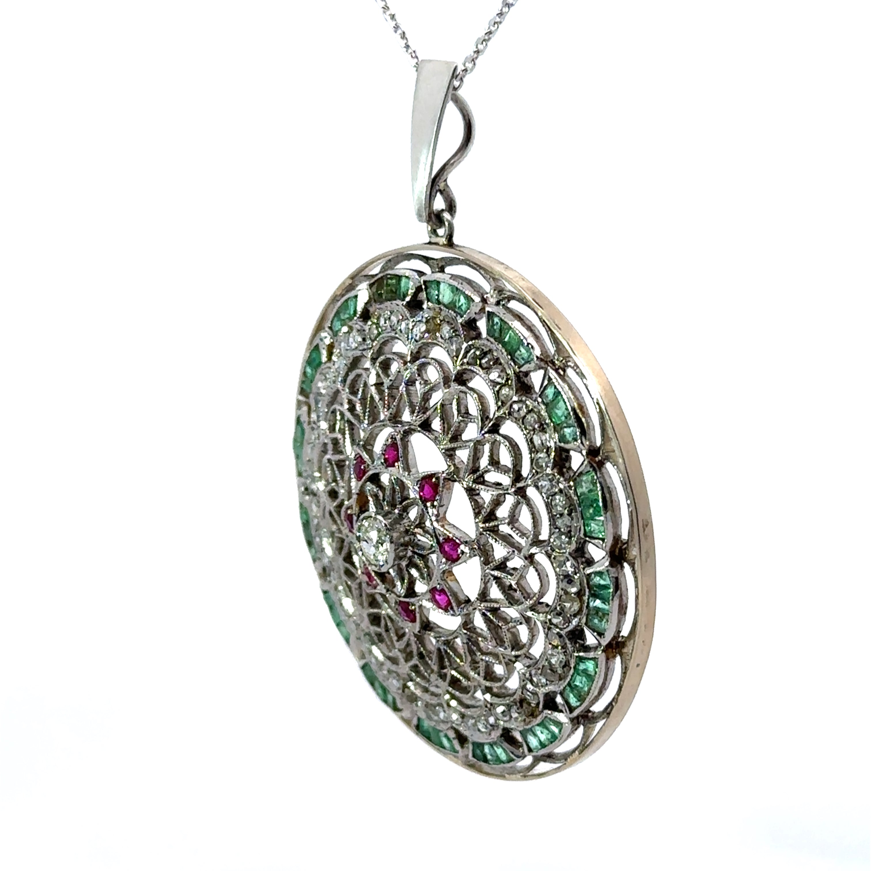 Edwardian Platinum, Old Mine Cut Diamond Center + Rose Cut Diamonds + Rubies + Emerald Disc Pendant on Silver ale