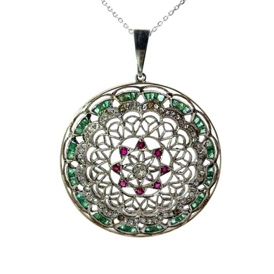 Edwardian Platinum, Old Mine Cut Diamond Center + Rose Cut Diamonds + Rubies + Emerald Disc Pendant on Silver ale
